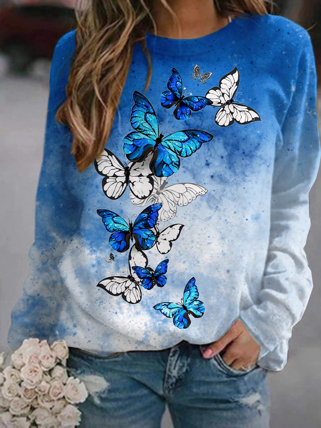  Women's Sweatshirt Pullover Butterfly Animal Print Daily Sports 3D Print Active Streetwear Hoodies Sweatshirts  Blue Purple