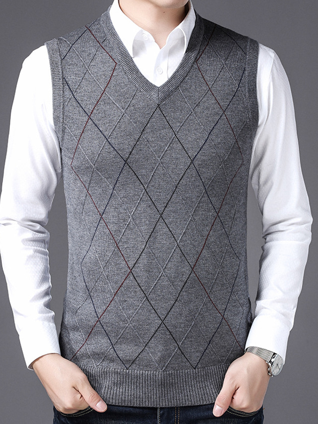  Men's Sweater Vest Wool Sweater Pullover Sweater Jumper Knit Knitted Plaid V Neck Stylish Vintage Style Clothing Apparel Winter Fall Wine Light gray S M L