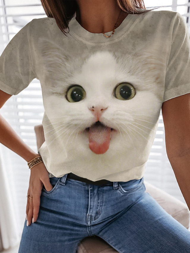  Mujer Camiseta Design Impresión 3D Gato Graphic 3D Diseño Animal Manga Corta Escote Redondo Diario Estampado ropa Design Básico Marrón