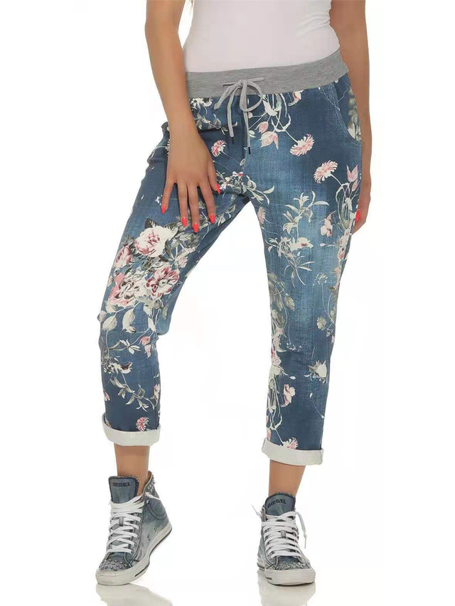  Women's Punk & Gothic Jeans Elastic Drawstring Design Print Full Length Pants Going out Micro-elastic Print Outdoor Mid Waist Blue Light Grey S M L XL XXL