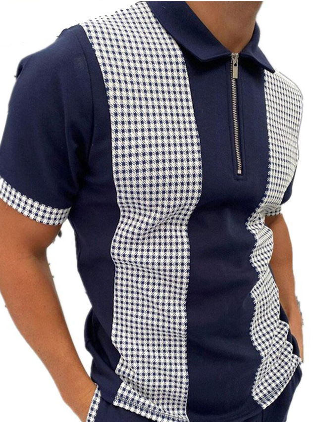  Men's Collar Polo Shirt Golf Shirt Fashion Casual Breathable Short Sleeve Navy Blue Black Plaid Striped Collar Outdoor Street Zipper Clothing Clothes Fashion Casual Breathable