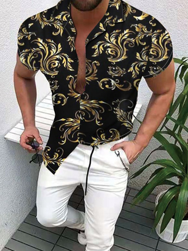  Herren Hawaiihemd Sommerhemd Hemd Aloha Schottenstoff Buchstabe Schulterfrei Alltag Ausgehen 3D Bedruckt Kurzarm Oberteile Designer Strand Design Gold