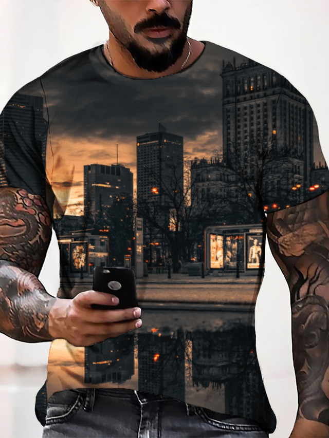  Men's Tee T shirt Tee Designer Summer Short Sleeve Graphic City Landscape Building Print Round Neck Casual Daily 3D Print Clothing Clothes Designer Casual Fashion Gray