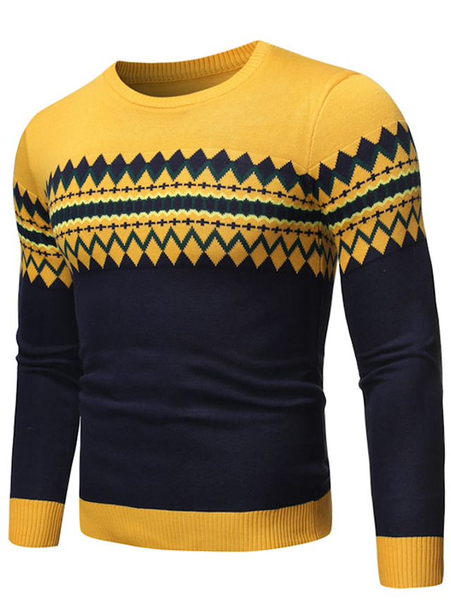  Men's Sweater Pullover Knit Knitted Geometric Crew Neck Stylish Casual Daily Fall Winter Gray Yellow XXS XS S / Long Sleeve