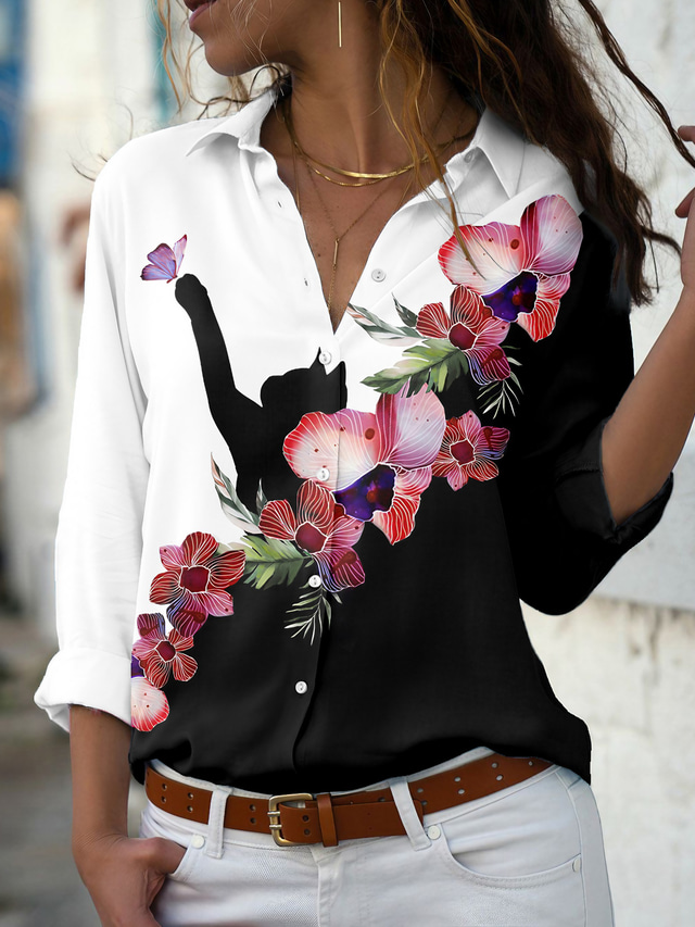  Women's Floral Theme Butterfly Blouse Shirt Floral Cat Color Block Button Print Shirt Collar Casual Streetwear Tops Black