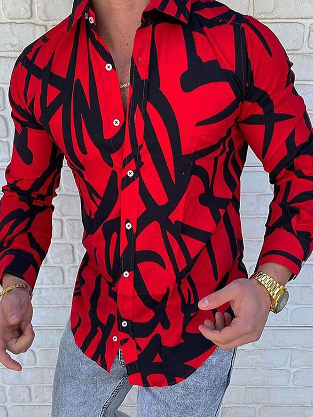  Men's Shirt Graphic Shirt Abstract Collar Black Yellow Red Blue Green Outdoor Street Long Sleeve Button-Down Print Clothing Apparel Fashion Designer Casual Breathable
