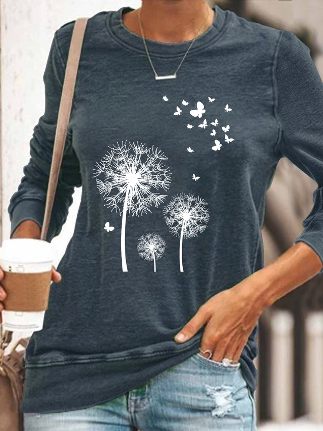  Women's T shirt Tee Designer Hot Stamping Graphic Butterfly Dandelion Design Long Sleeve Round Neck Daily Print Clothing Clothes Designer Basic Black Blue Yellow