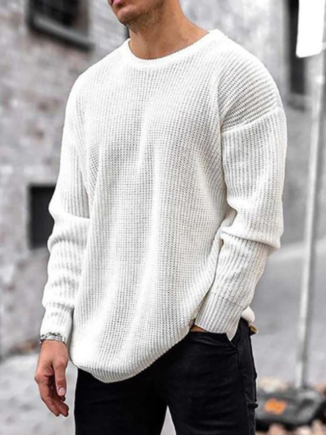  Men's Pullover Sweater Jumper Waffle Knit Cropped Knitted Solid Color Crew Neck Basic Stylish Outdoor Daily Clothing Apparel Winter Fall Black White S M L