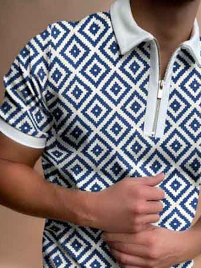  Men's Collar Polo Shirt Golf Shirt Fashion Casual Breathable Short Sleeve Navy Blue Geometry Collar Outdoor Street Zipper Clothing Clothes Fashion Casual Breathable