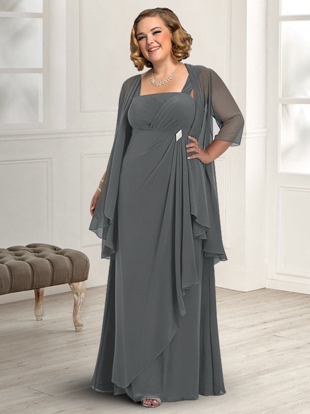  TS Two Piece A-Line Mother of the Bride Dress Wedding Guest Elegant Plus Size Square Neck Floor Length Chiffon Sleeveless Jacket Dresses with Pleats 2025 free custom size