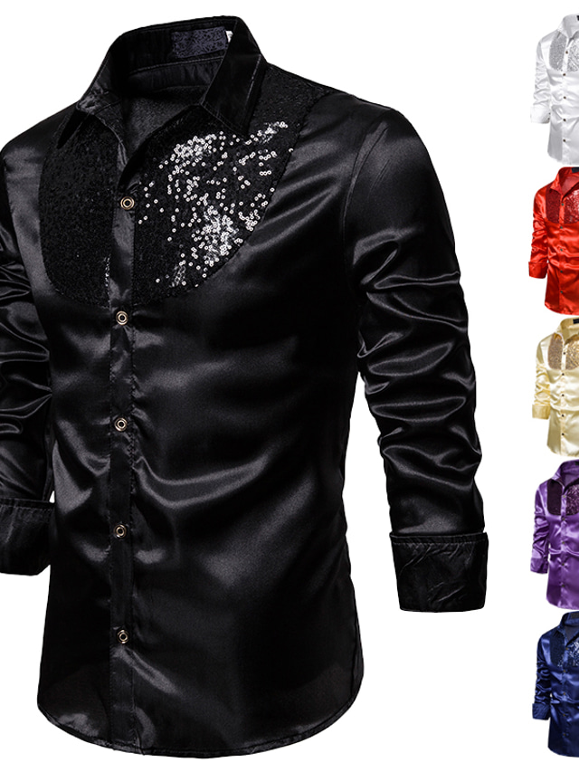  Men's Shirt Solid Colored Collar Classic Collar Performance Club Sequins Long Sleeve Tops Basic Sexy White Black Blue