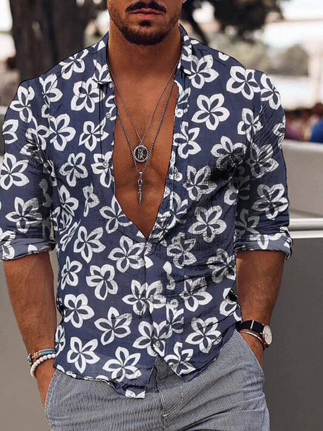  Men's Shirt Floral Collar Black / White Blue Dark Green Outdoor Street Long Sleeve Button-Down Print Clothing Apparel Fashion Designer Casual Breathable