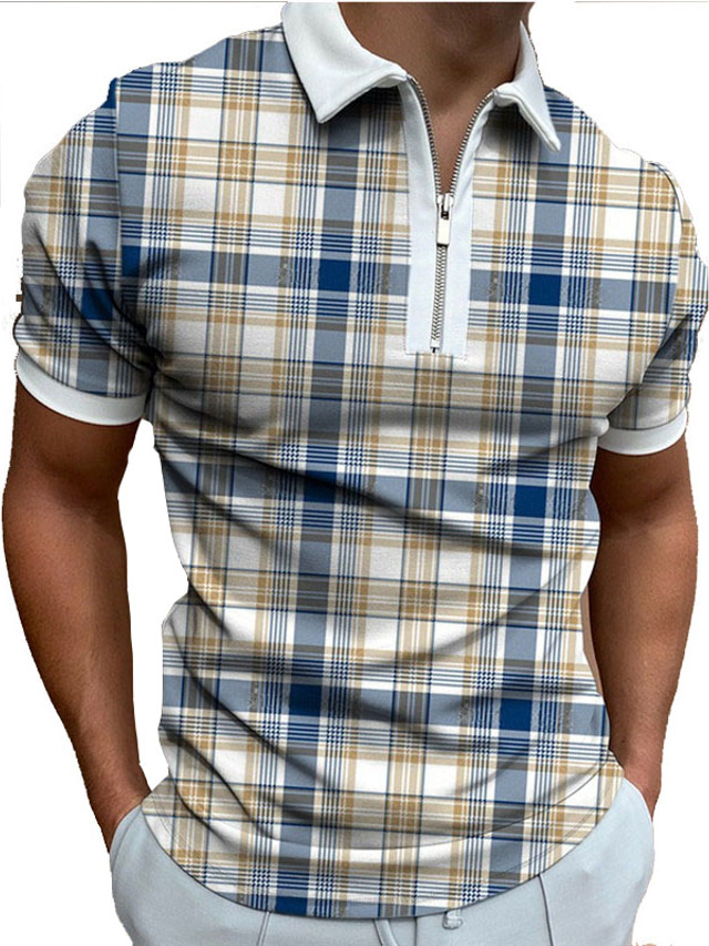  Men's Collar Polo Shirt Golf Shirt Plaid Collar Street Daily Zipper Short Sleeve Tops Casual Fashion Breathable Comfortable Blue