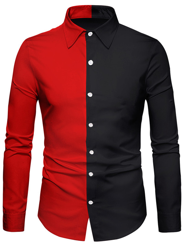  Men's Shirt  Color Block Collar Street Casual  Button-Down Long Sleeve Tops Casual Fashion Breathable Comfortable Black / Red / Sports