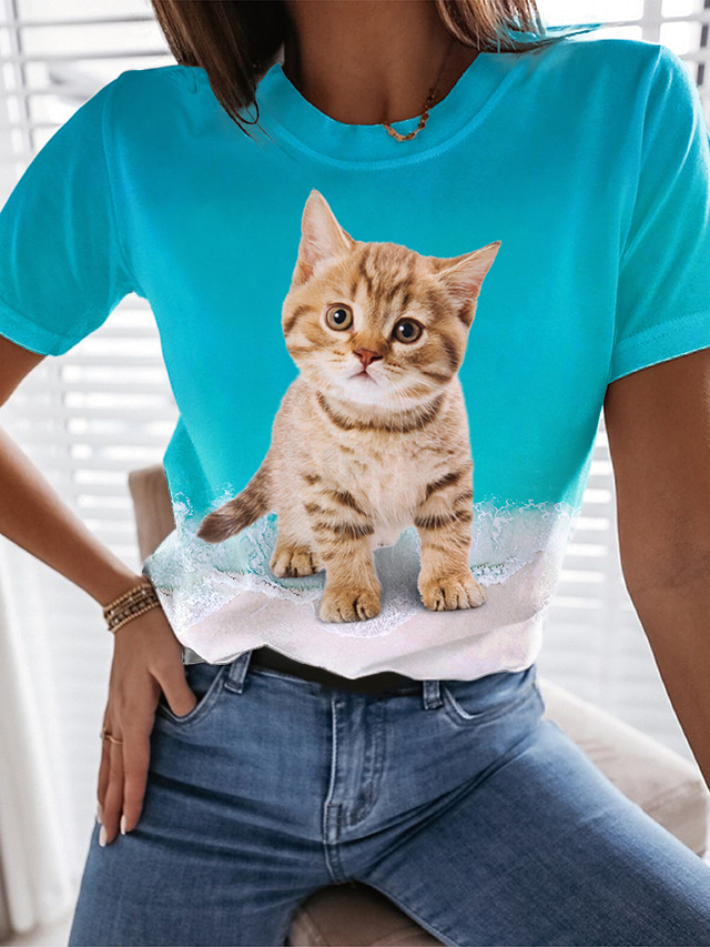  Mujer Camiseta Design Impresión 3D Gato Graphic Bloque de color 3D Diseño Manga Corta Escote Redondo Diario Estampado ropa Design Básico Azul Piscina