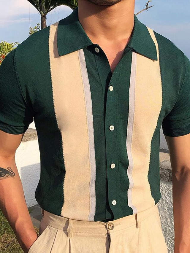  Camisa masculina listrada turndown street casual botão para baixo manga curta tops moda casual clássica confortável verde camisas de verão