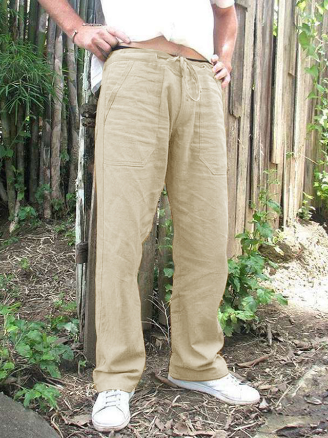  mens casual trousers lightweight Drawstring waist pants Straight breathable yoga gym summer pants dark khaki
