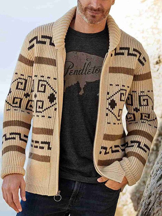  Men's Sweater Cardigan Knit Knitted Abstract Shirt Collar Stylish Vintage Style Daily Wear Clothing Apparel Winter Fall Black Red M L XL