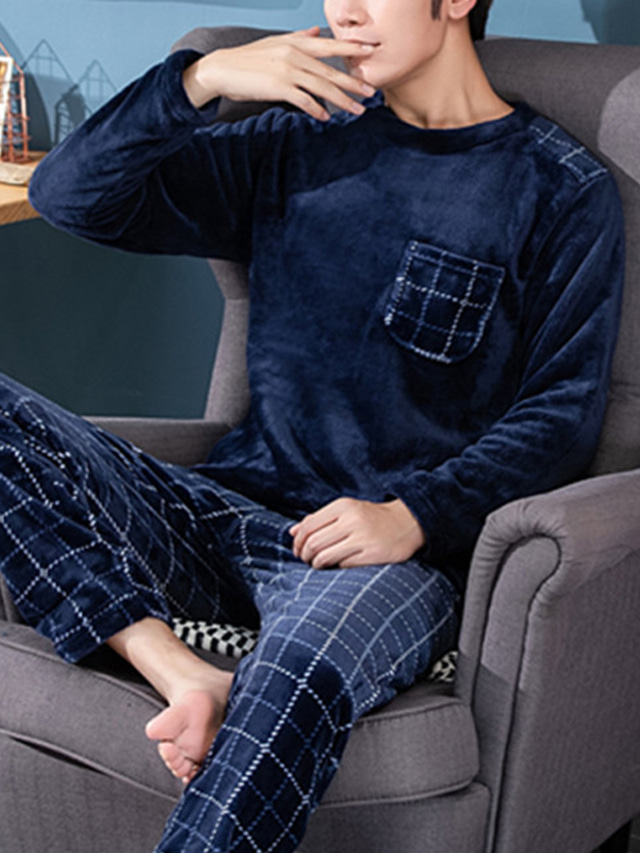  Men's Pajamas Loungewear Sets Sleepwear 1 set Cartoon Plush Fashion Soft Home Bed Flannel Crew Neck Long Sleeve Pant Basic Fall Winter 1# 2#