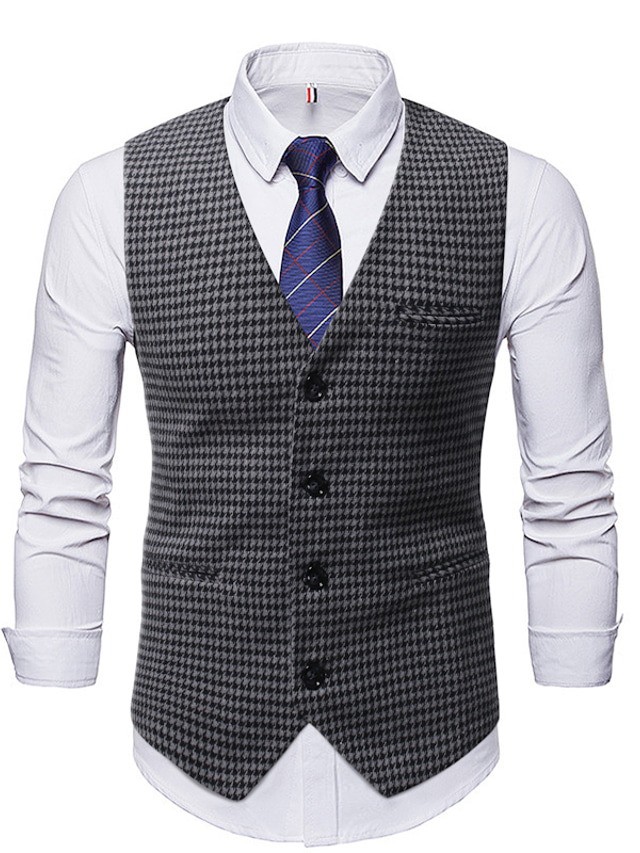  Men's Vest Waistcoat Wedding Daily Streetwear Business Fall Winter Print Polyester Breathable Houndstooth Single Breasted Turndown Regular Fit Black Coffee Vest
