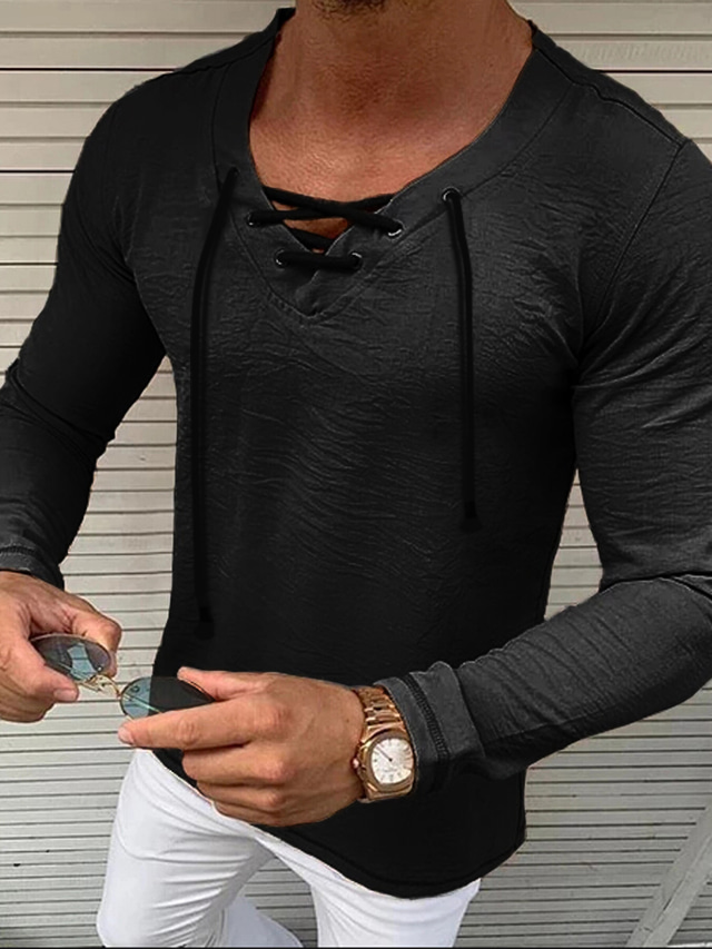  Men's Shirt Solid Colored V Neck Casual Daily Drawstring Long Sleeve Tops Cotton Casual Fashion Breathable Comfortable White Black Gray
