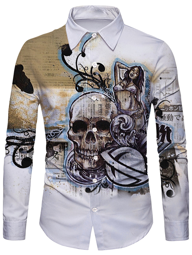 Men's Shirt Print Graphic Skull Collar Casual Daily 3D Print Button-Down Long Sleeve Regular Fit Tops Designer Casual Fashion Comfortable Black / White Gray
