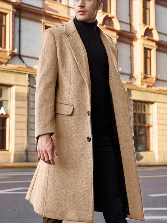  Men's Winter Coat Overcoat Work Business Fall & Winter Solid Colored Notch lapel collar Long Black Khaki Gray Jacket