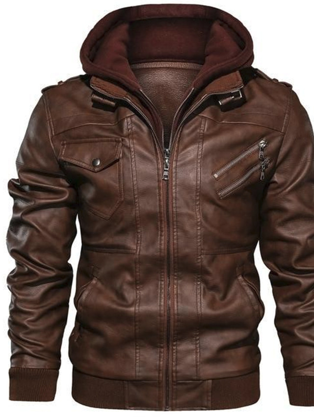  Men's Bomber Jacket Faux Leather Jacket Biker Jacket Winter Vintage Brown Gray Black