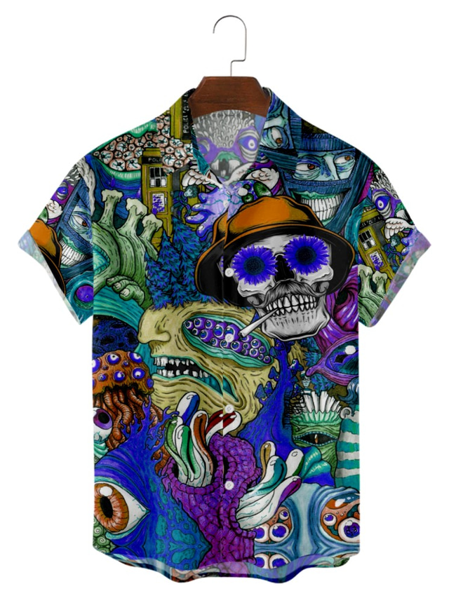  suoyi heren individueel ontwerp schedel bloemenprint korte mouw casual losse strand hawaiian shirt hawaiiaans blauw