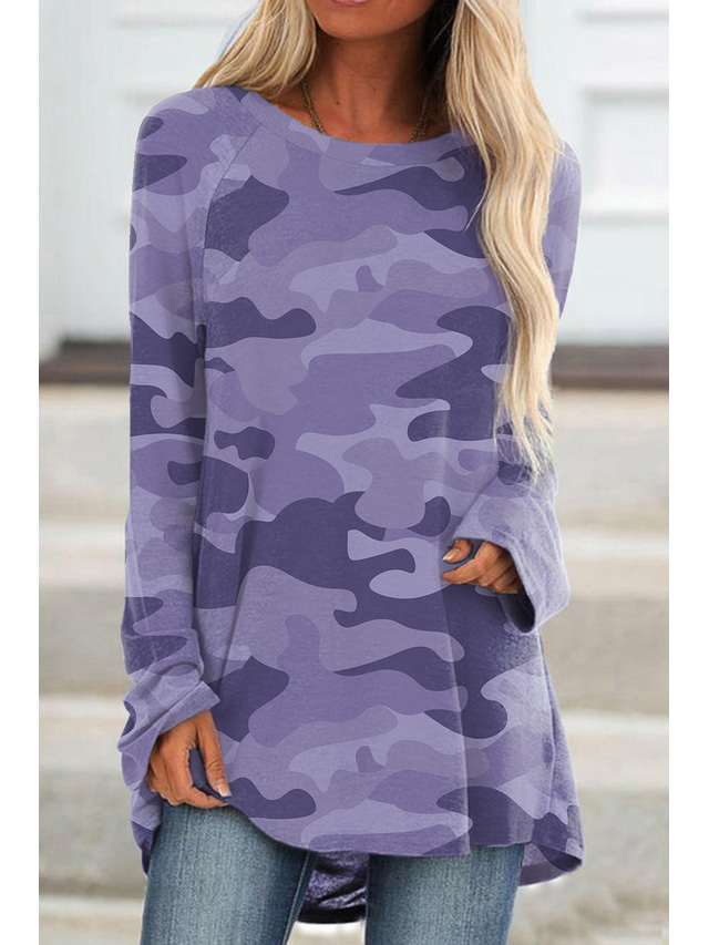  Women's T shirt Tee Designer Camo Camouflage Design Long Sleeve Round Neck Daily Print Clothing Clothes Designer Basic Blue Gray Purple