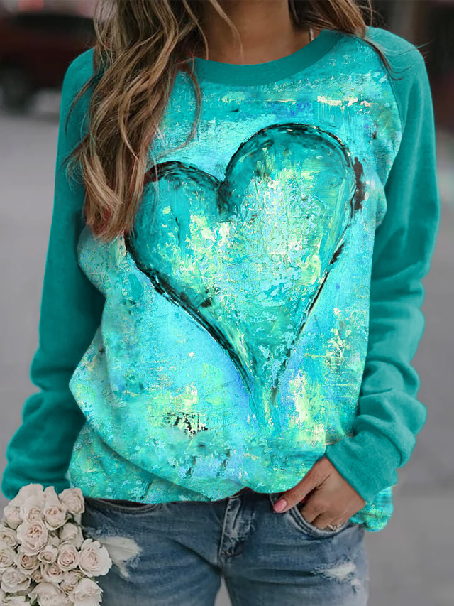  Dame Sweatshirt bluse Hjerte Trykt mønster Sport I-byen-tøj 3D-udskrivning Aktiv Gade Hættetrøjer Sweatshirts Grøn Blå Lyserød