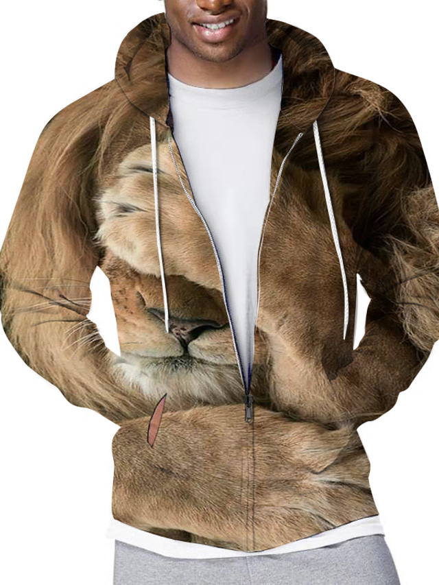  Men's Zip Hoodie Sweatshirt Full Zip Hoodie Zipper Pocket Designer Casual Streetwear Graphic Lion Print Hooded Sports & Outdoor Casual Daily Long Sleeve Clothing Clothes Regular Fit Brown