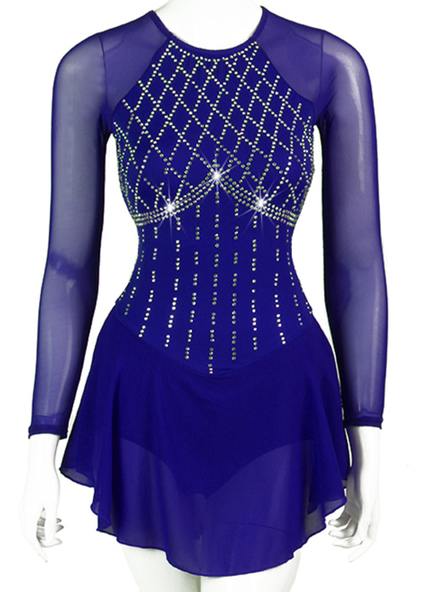  Figure Skating Dress Women's Girls' Ice Skating Dress Outfits Burgundy Royal Blue Blue Patchwork Mesh Spandex High Elasticity Practice Professional Competition Skating Wear Handmade Crystal