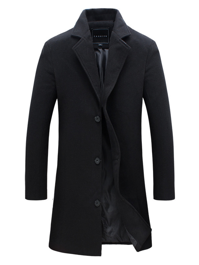  מעיל טרנץ 'לגברים קלאסי עם צווארון מחורץ, מעיל חולצה אופנתי חורף, מזדמן חם, slim fit, מעיל מעיל נוח, שחור