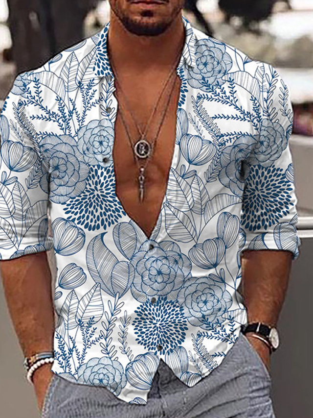  Herre Skjorte Hawaii skjorte Grafisk Blomstret Hawaiiansk Aloha Design Krave Sort Blå Lilla Brun Grøn Trykt mønster udendørs Afslappet Langærmet 3D-udskrivning Knap ned Tøj Mode Designer Afslappet