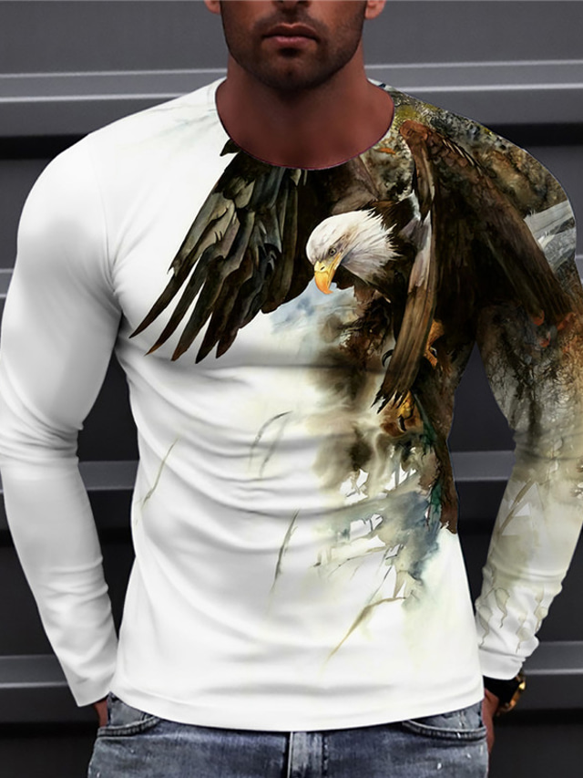  Men's Tee T shirt Tee Shirt Designer Long Sleeve Graphic Patterned Eagle 3D Print Crew Neck Daily Holiday Print Clothing Clothes Designer Casual Big and Tall White Blue Purple