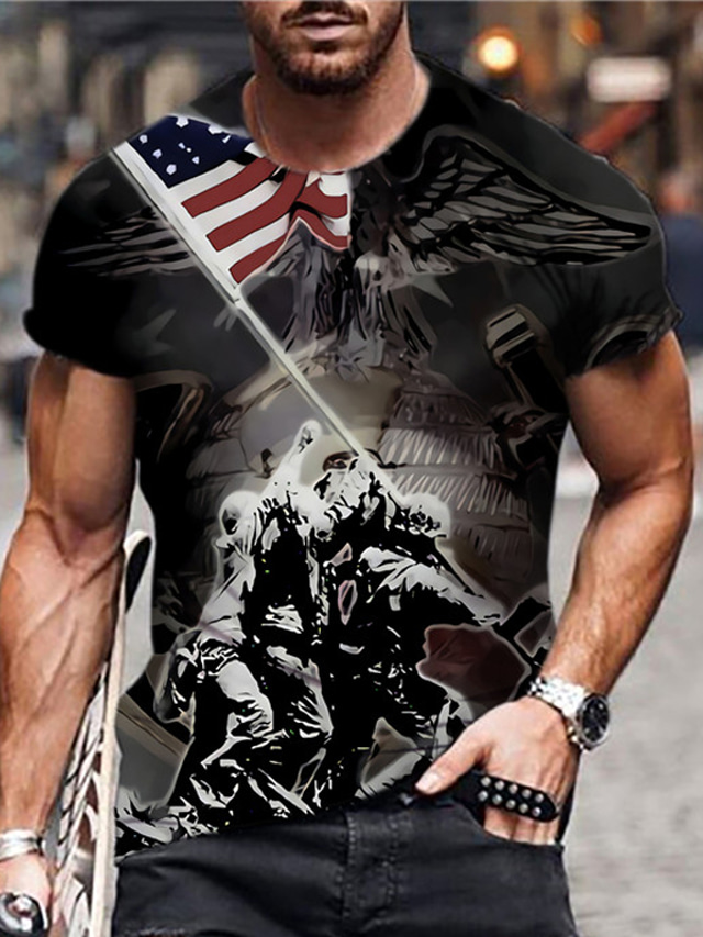  Men's T shirt Tee Designer Summer Short Sleeve Graphic Eagle National Flag Print Crew Neck Daily Holiday Print Clothing Clothes Designer Casual Big and Tall Black