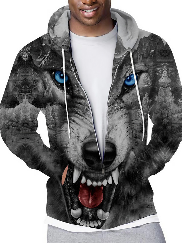  Men's Zip Hoodie Sweatshirt Full Zip Hoodie Zipper Pocket Designer Casual Streetwear Graphic Wolf Print Hooded Sports & Outdoor Casual Daily Long Sleeve Clothing Clothes Regular Fit Dark Gray