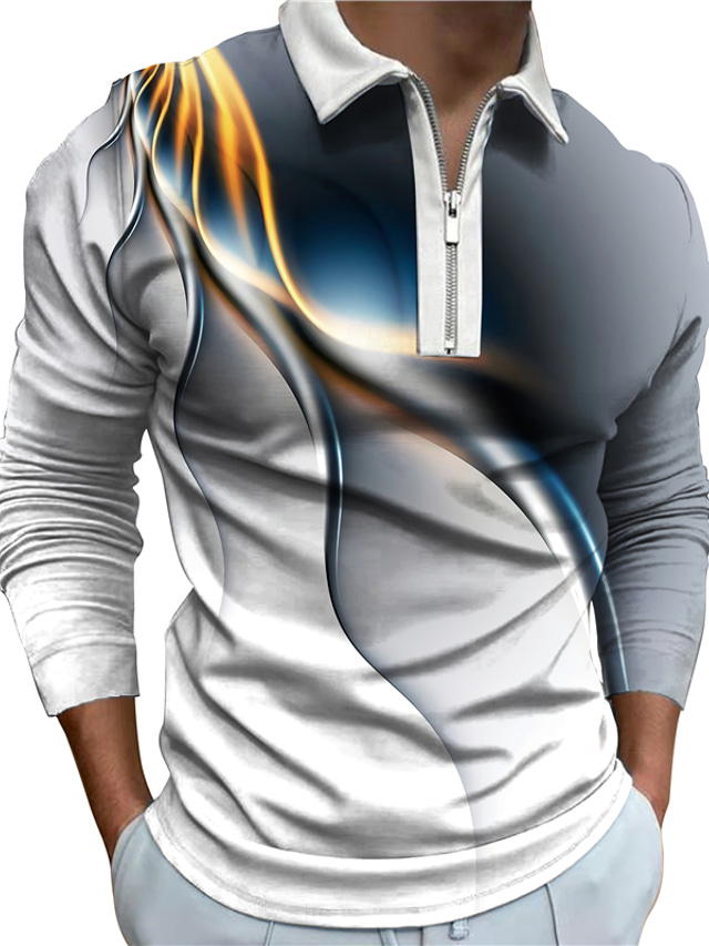  Homens Camiseta Polo Camisa de golfe Com Zíper Moda Roupa de Esporte Casual Manga Longa Verde Azul Roxo Cinzento Linear Impressão 3D Colarinho Com Zíper Ao ar livre Rua Zíper Impressão 3D Roupas