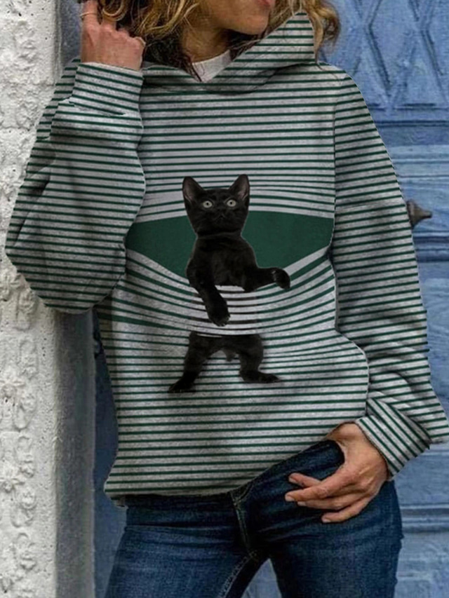  Damen Kapuzenshirt Zur Seite fahren Katze Grafik Alltag Täglich Grundlegend Kapuzenpullover Sweatshirts Blau Schwarz Grau