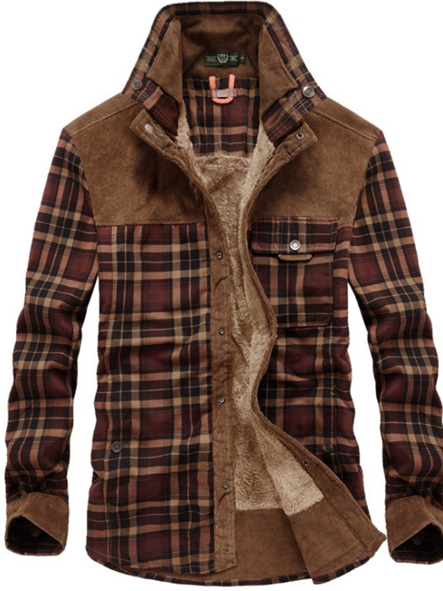  men's plaid shirt Jacket winter fleece warm outdoor thick fuzzy sherpa lined button down corduroy flannel shirt jacket brown