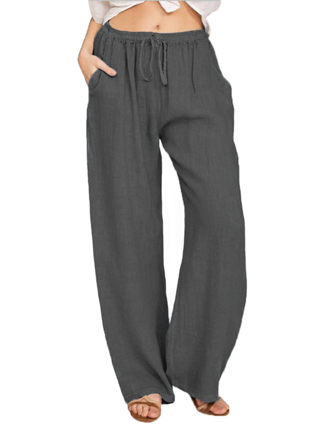  Damskie Codzienny Spodnie Bezczelny Spodnie Spodnie szerokie nogawki Ściągana na sznurek Kieszeń Pełna długość Spodnie Codzienny Średnio elastyczny Jednokolorowe Mieszanka bawełny Komfort Wysoka talia