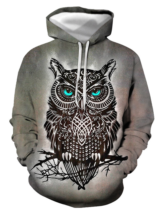  Men's Hoodie Sweatshirt Print Streetwear Designer Casual Graphic Owl Blue Royal Blue Gray Black Print Hooded Casual Daily Long Sleeve Clothing Clothes Regular Fit