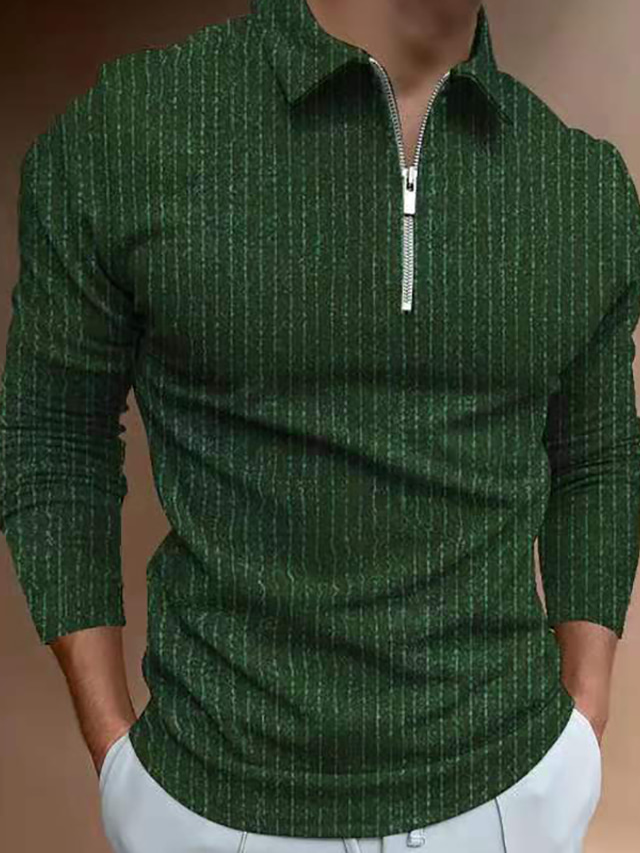  Homens Camiseta Polo Camisa de golfe não imprimível Listrado Côr Sólida Colarinho Clássico Casual Diário Zíper Manga Longa Blusas Negócio Roupa de Esporte Casual Moda Verde Preto Cinzento