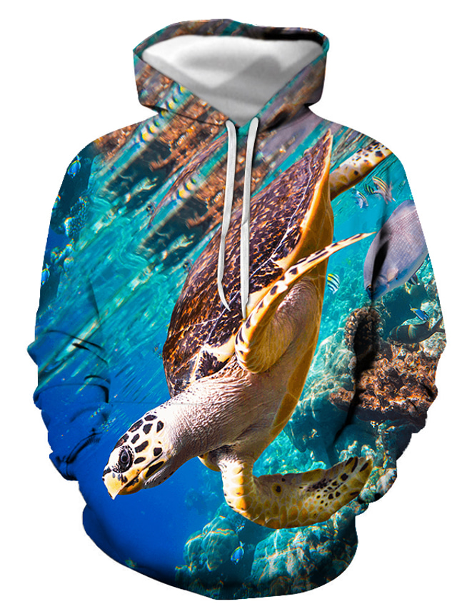  Men's Hoodie Sweatshirt Print Streetwear Designer Casual Graphic Turtle Blue Print Hooded Casual Daily Long Sleeve Clothing Clothes Regular Fit