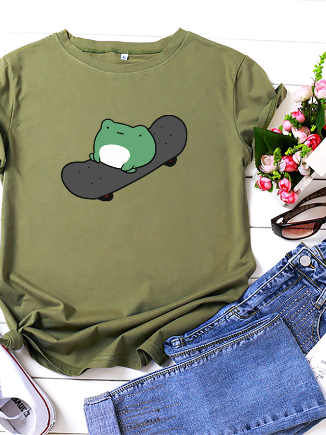  zabawna koszulka skateboardingowa w żabę z krótkim rękawem, bawełniane bluzki z okrągłym dekoltem dla pary (zielona, l)