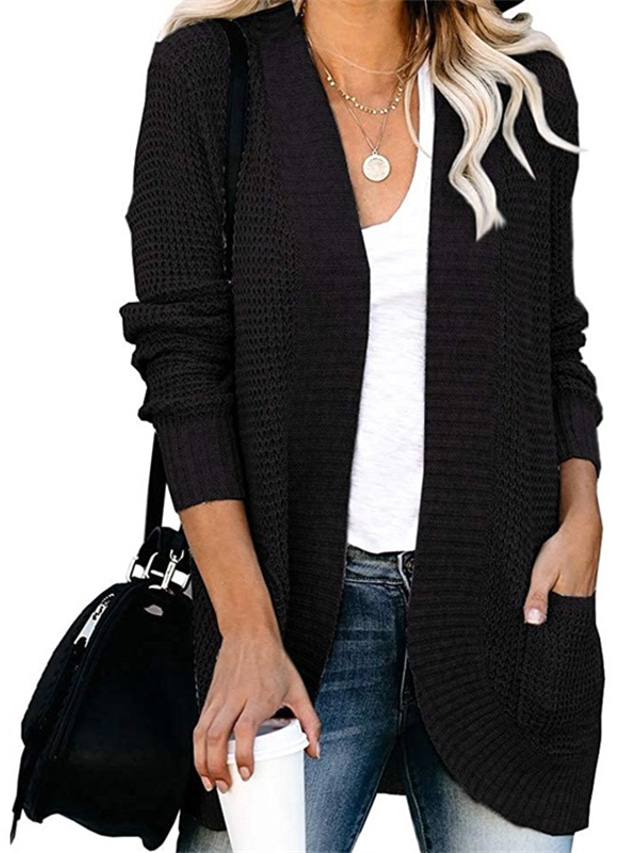  Women's Cardigan Pocket Knitted Solid Color Basic Casual Chunky Long Sleeve Loose Sweater Cardigans Open Front Fall Winter Beige