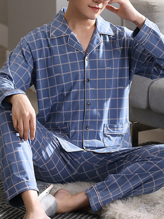  Men's Pajamas Loungewear Sets Sleepwear 1 set Grid / Plaid Fashion Soft Home Bed Cotton Lapel Long Sleeve Pant Basic Fall Winter 1# 2#
