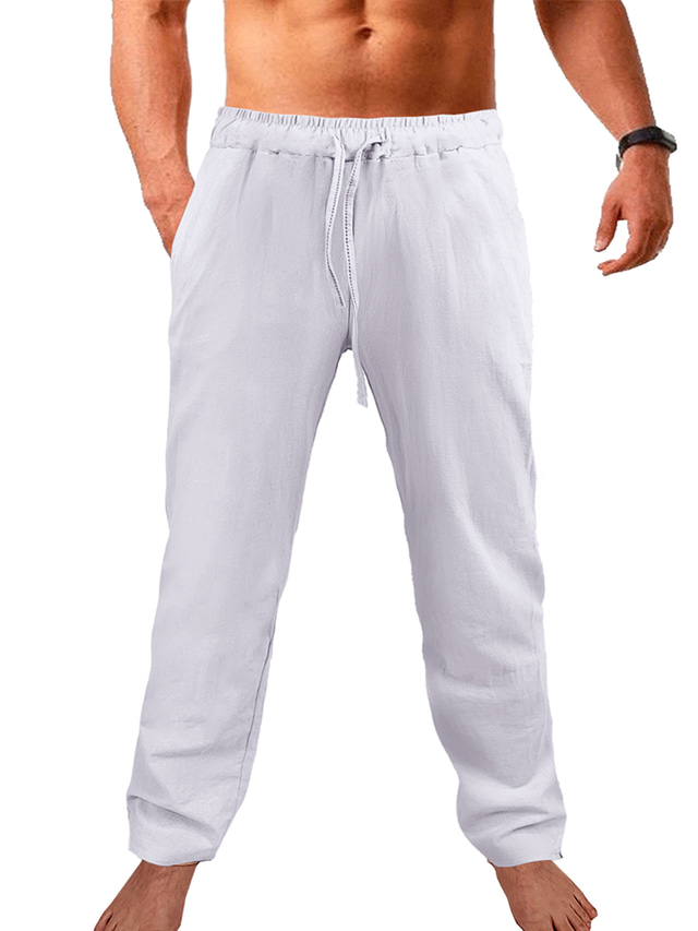 מכנסי פשתן יוגה לגברים קז'ואל כותנה דקים באורך מלא - שרוך משוחרר קל משקל מכנסי חוף יוגה מכנסי אימון - 7 צבעים