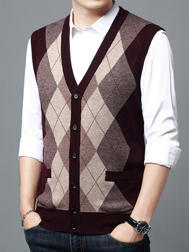  Men's Sweater Vest Wool Sweater Cardigan Knit Knitted Braided Color Block Halter Neck Vintage Style Daily Weekend Clothing Apparel Winter Fall Wine Light gray S M L